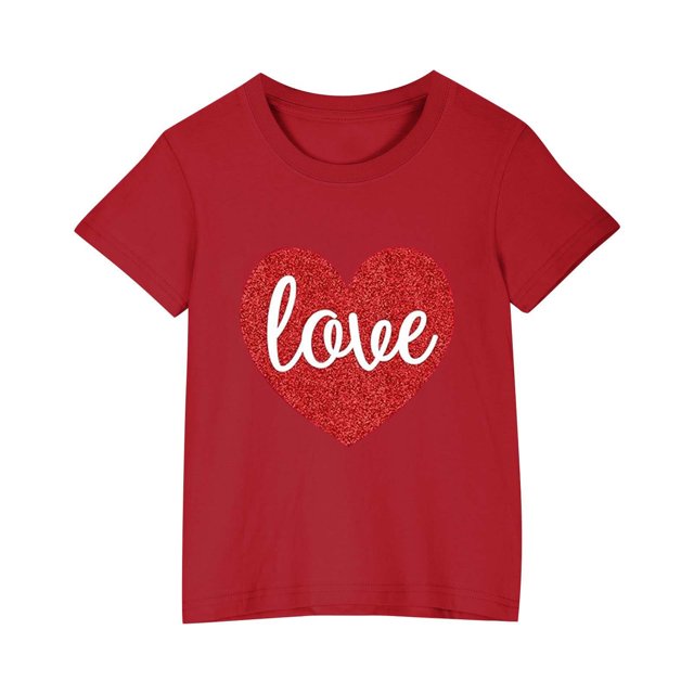 Posijego T-Shirt de la Saint-Valentin pour Garçons et Filles, T-Shirt Graphique avec Cœur, T-Shirts à Manches Courtes pour Enfants, Hauts en Coton, Vêtements