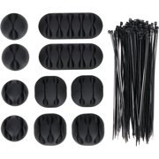 Cable Clips Holders, 10 Pcs Silicone Adhesive Cable Tidy Clips, Desktop Cord Holder, Charging Cord Cable Management with 100 Pcs 150 x 2.5mm Cable Ties for Cable, Cord and Wire Black