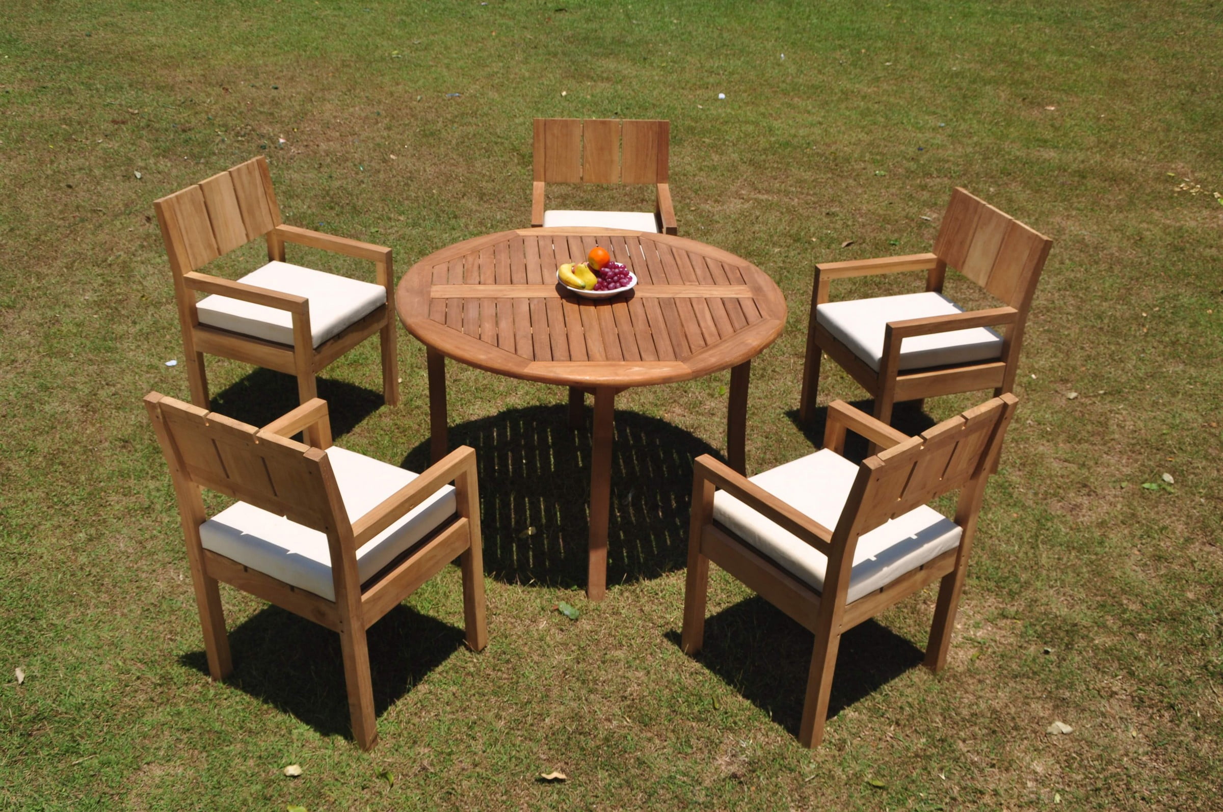 Grade A Teak Dining Set 5 Seater 6 Pc 48 Round Table And Veranda Arm Chairs Outdoor Patio Wholeteak Wmvr47