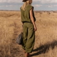 thumbnail image 4 of Cagogo Women Plus Size High Neck Sleeveless 2 Piece Set Casual Loose Fit Solid Summer Vacation Outfits Boho Print Pants Matching Lounge Sets Cruise Travel Clothes, Army Green 3XL, 4 of 5