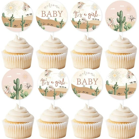 24Pcs Desert Baby Shower Cupcake Topper for Girl Desert Boho Cactus Cake Decorations It's A Girl Baby Showers Decorations Nature Themed Desert Adventure Awaits Baby Shower Party Supplies