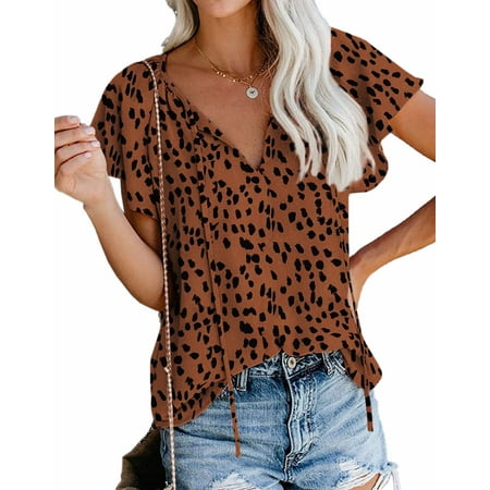 Fantaslook Blouses for Women Floral Boho Summer Tops V Neck Short Sleeve Shirts