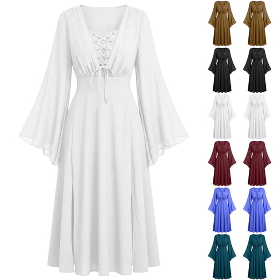 Smsaxvxz Renaissance Halloween Costume for Women Pirate Dresses Bell Sleeve Medieval Ren Faire Dress White XL
