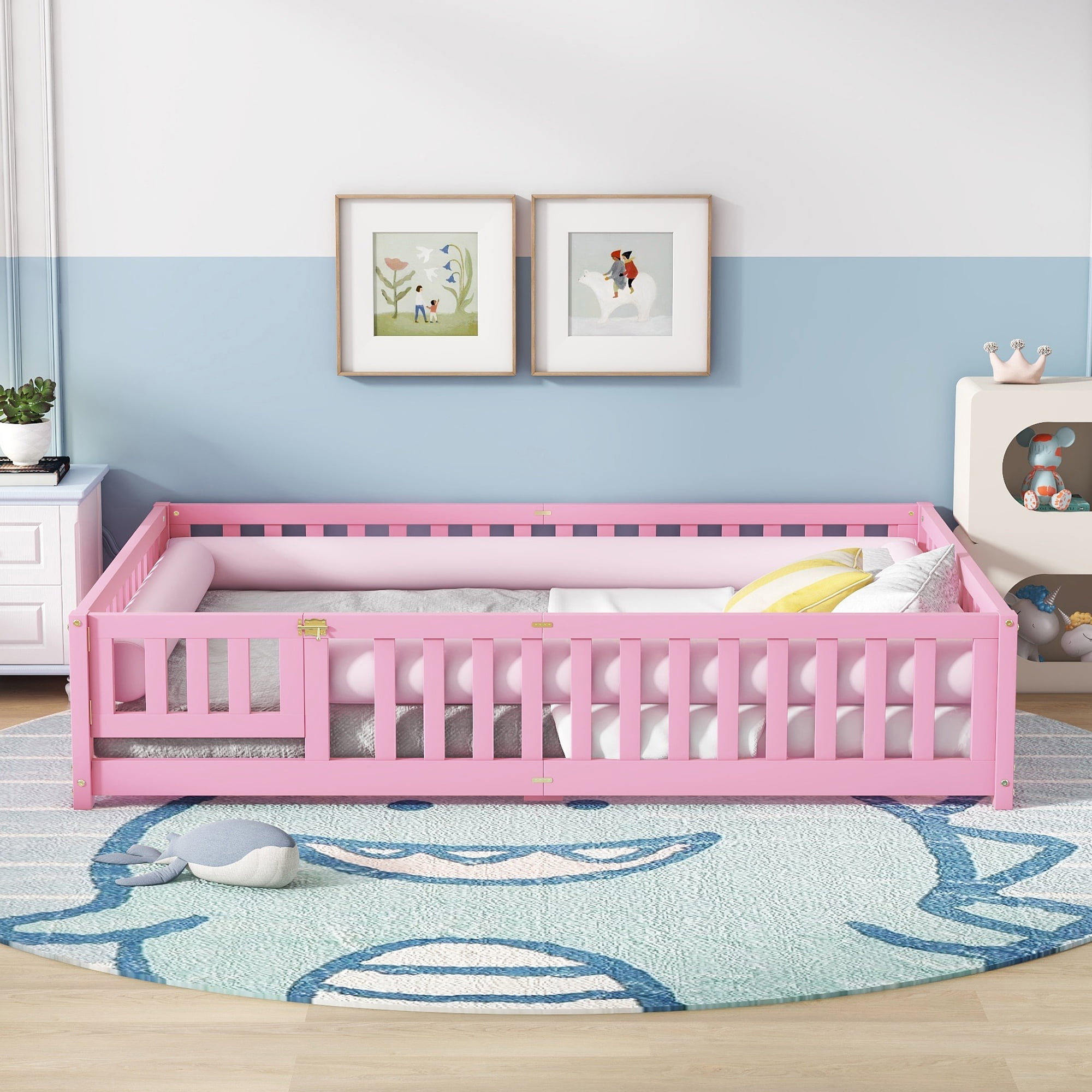 Miniyam Queen Size Toddler Floor Bed with with Safety Guardrails, Pink