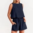 thumbnail image 2 of JULMCOMO Linen Sets for Women 2 Piece Crew Neck Baggy Summer Tank Tops Drawstring Wide Leg Casual Summer Short Sets with Pockets Navy L, 2 of 5