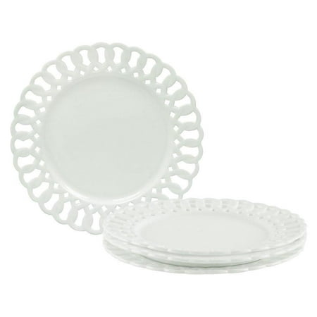 Gracie China by Coastline Imports, Heirloom Collection, 8-Inch Dessert Plate, White Fine Pierced Porcelain, Set of