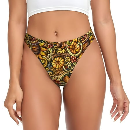 Qokaie Vintage Sunflower and Corn Autumn Printed Women s Cotton Thong Underwear  Sexy Breathable Panties G-string-Small