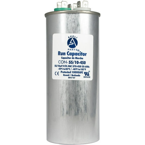 Appli Parts Dual Run Capacitor for ac 55 10 Mfd uF (microfarads) 370VAC or 450VAC CBB65 Round Universal fit for hvac and other applications 5-5/8 in High 2-1/8 in Wide CON-55/10-450