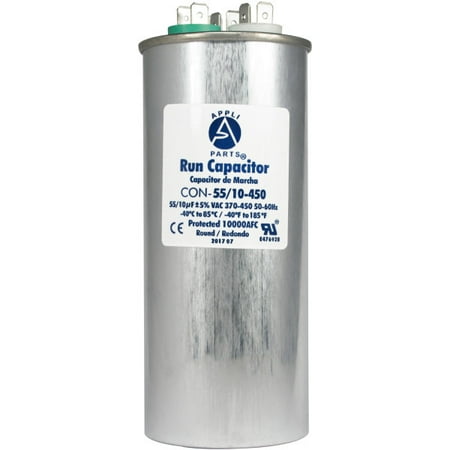 

Appli Parts Dual Run Capacitor 55 + 10 Mfd uF (microfarads) 370 VAC or 450 VAC Round CON-55/10-450Replaces CAP-55/10-450