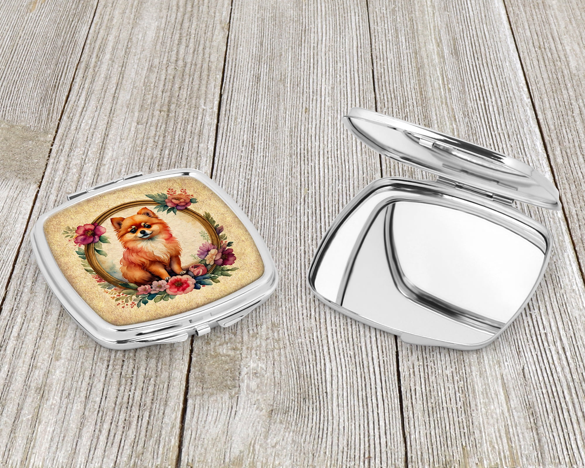 Pomeranian and Flowers Compact Mirror 2.75 in x 3 in