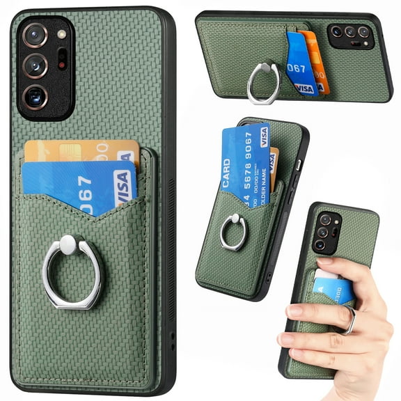Carbon Fiber Patterned Case for Samsung Galaxy Note 20 Ultra, Wallet case with [360°Rotation Ring Kickstand] Credit Card Holder,PU Leather Shockproof Cover Women Men, Green