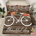 thumbnail image 1 of YST Draps de Lit Style Français Roses Rouges Drap-Housse Taille Simple 2 Pcs Ensemble de Literie Romantique Paris Imprimé Vélo Vintage Housse de Lit, Rayures en Bois Rétro Marron Décor Rustique Ferme, 1 of 6