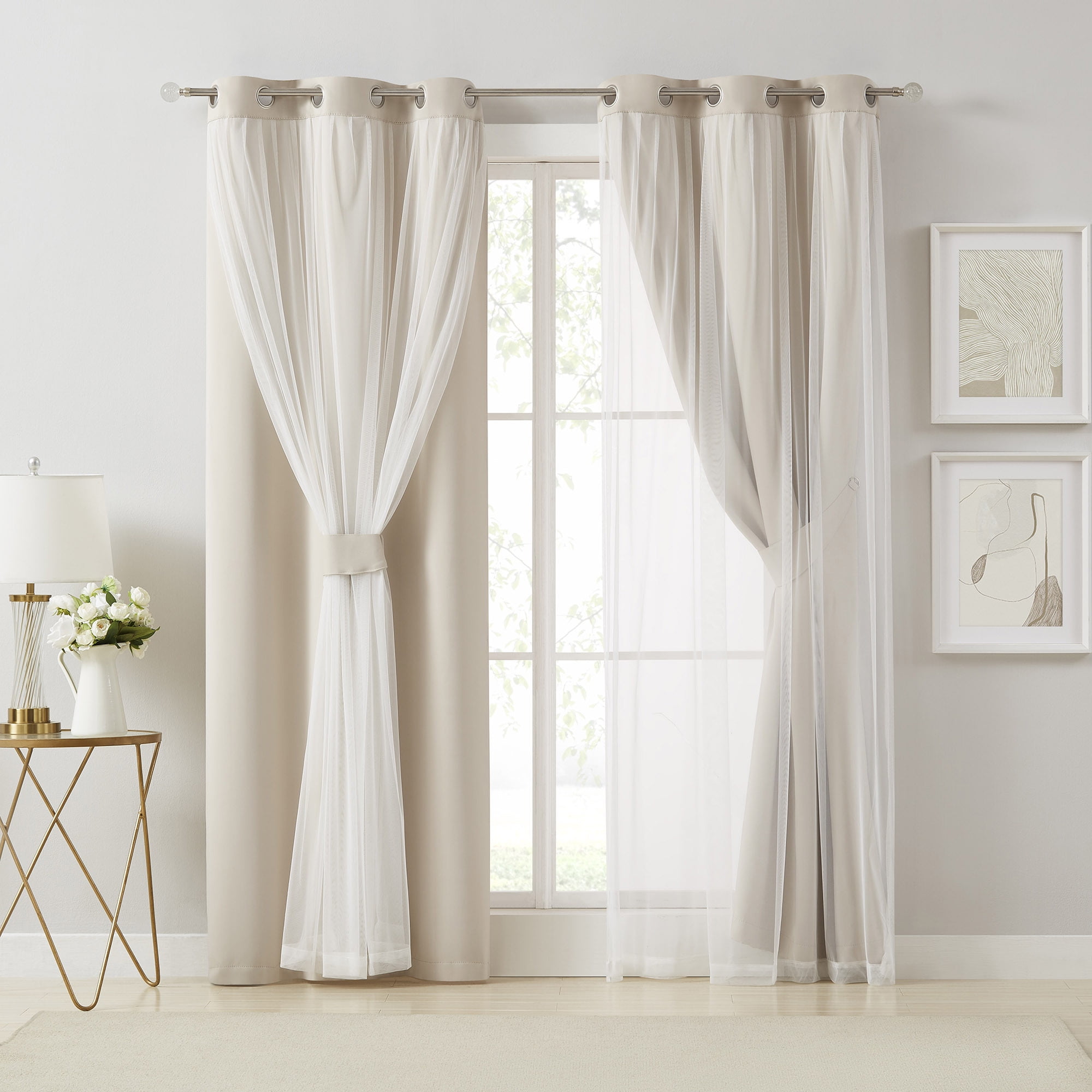 Pinewave Blackout Curtains with Sheer Overlay Mix and Match Double Layer.Grommet Top,37"Wx63"L,Beige,2 Panels