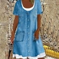 thumbnail image 2 of PEZHADA Robe en Denim pour Femmes Décontractée d'Été Robe d'Été pour Femmes à Manches Courtes Col Rond Couleur Unie Faux Deux-Pièces Robe Courte pour Femmes d'Été, 2 of 9