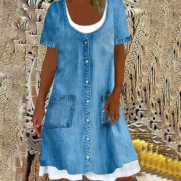 Sakmal Blue Womens Summer Dresses Fake Two Piece Midi T Shirt Dress Short Sleeve Scoop Neck Denim Dresses