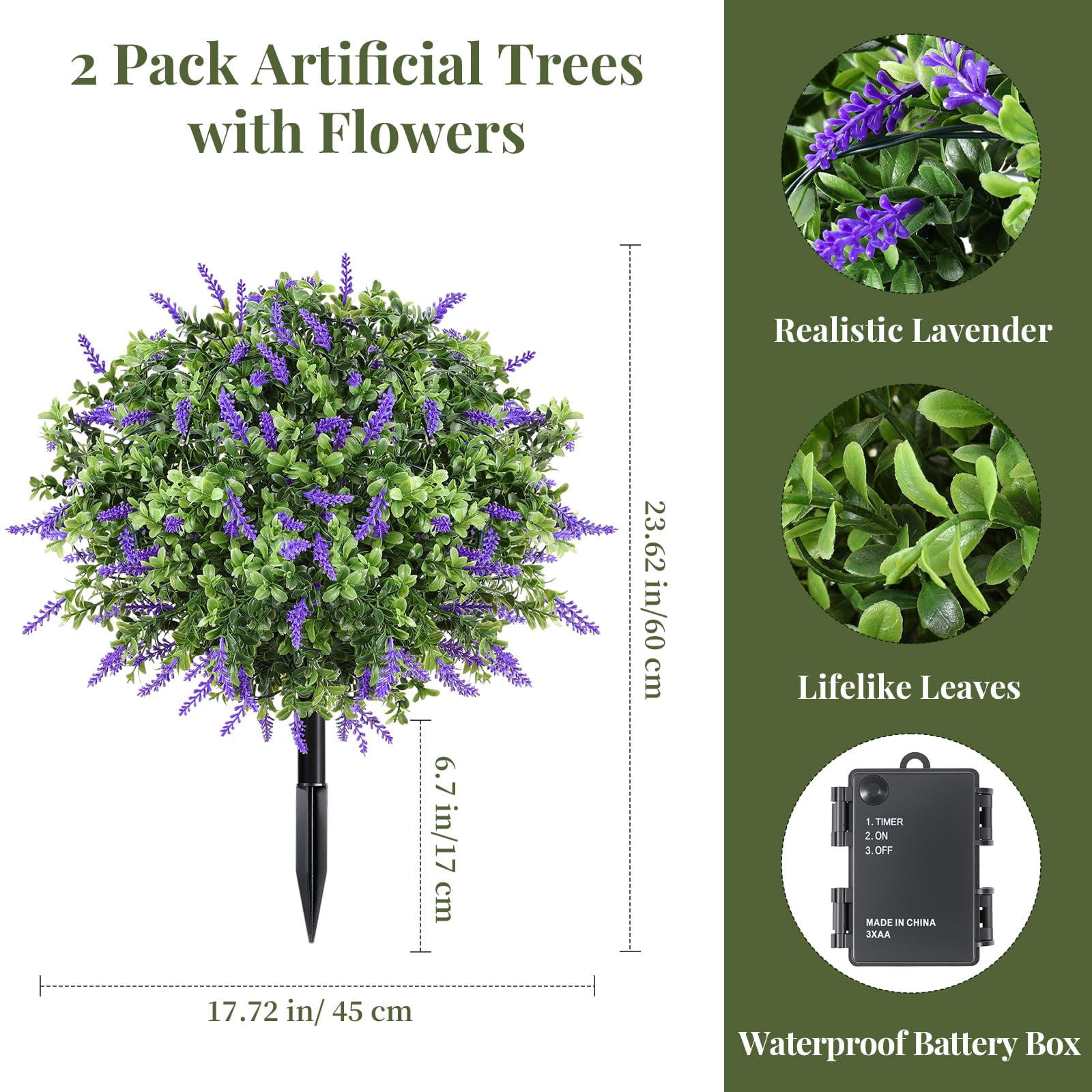 Lewondr Artificial Lavender Boxwood Topiary Ball Plants, 2 Pack Fake Plants for Outdoor with LED Lights, Faux Bushes with Ground Spike for Garden, Patio, Porch, Yard Decor