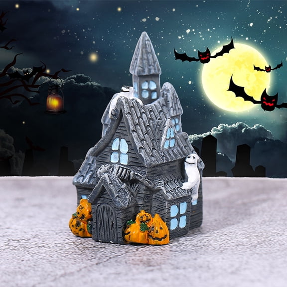 2026 New Halloween Wooden House Tabletop Decor, Tabletop Resin Pumpkin Cottage Home Ornaments, Indoor Halloween Home Fall Ornaments for Porch and Indoor Home Office Desk Decor