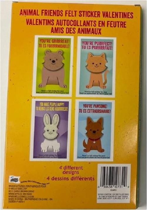 Mello Smello 16CT Valentins Autocollants En Feutre Amis Des Animaux