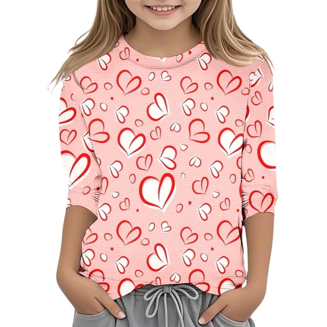 T-shirt Décontracté à Manches 3/4 Col Rond Fonctionnel Imprimé pour Filles Saint-Valentin Automne