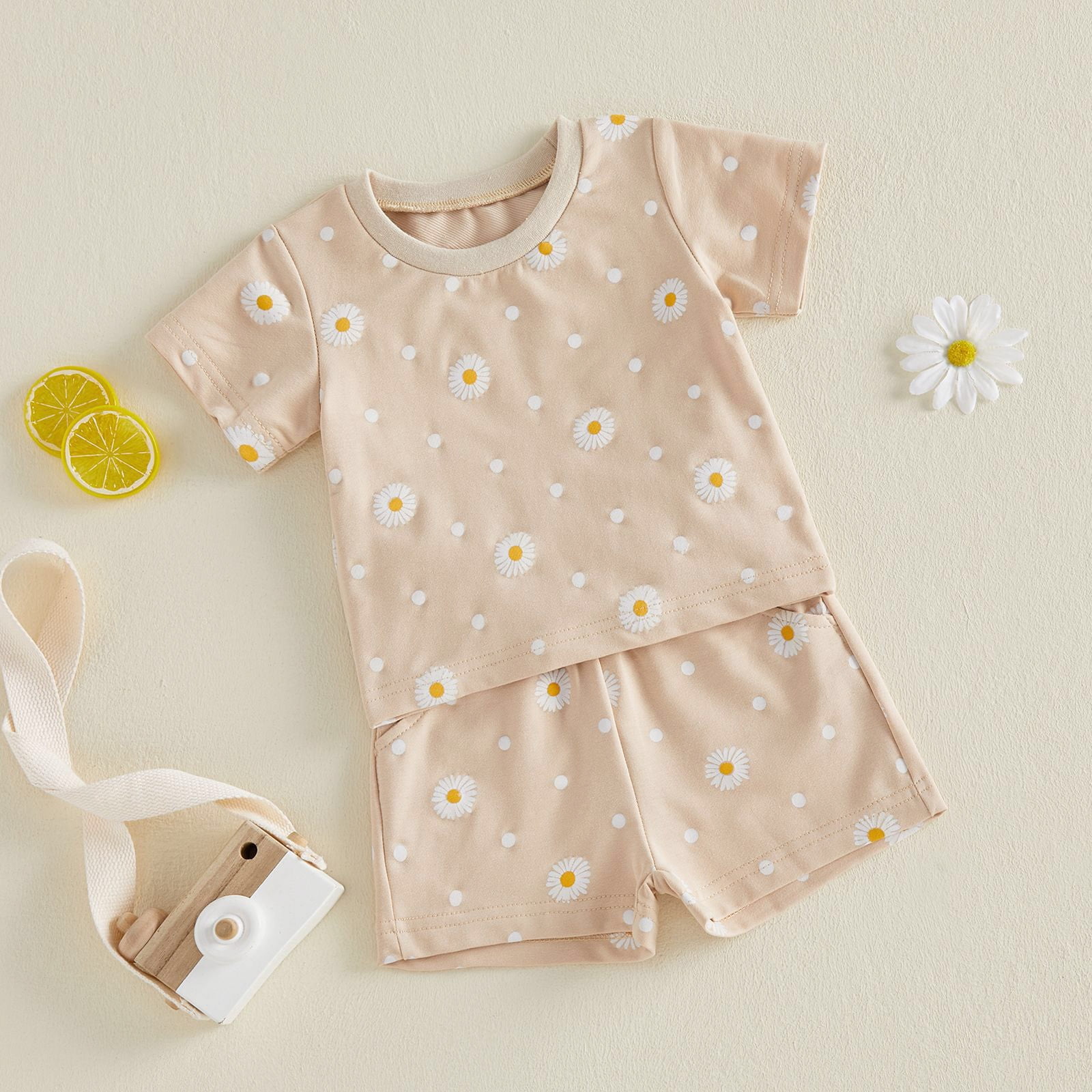 Faraee Toddler Baby Girl Summer Clothes Cotton Daisy Tee Tops Elastic Flowy Elastic Waist Shorts Outfits 2Pcs Casual Homewear Beige 18-24 Months
