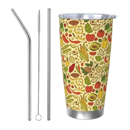 

Susaid Fruits And Vegetables Print 20oz Car Cup Insulated Coffee Cup Fully Spill Proof Travel Coffee Mug Stainless Steel Tumbler for Work Home Outdoor Car-Straw Three-piece Set
