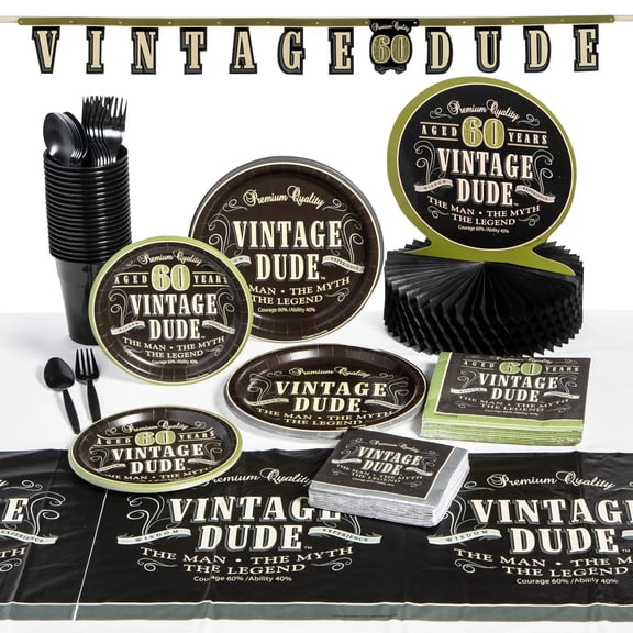 87 Pc. 60th Birthday Vintage Dude Tableware Kit for 8 Guests