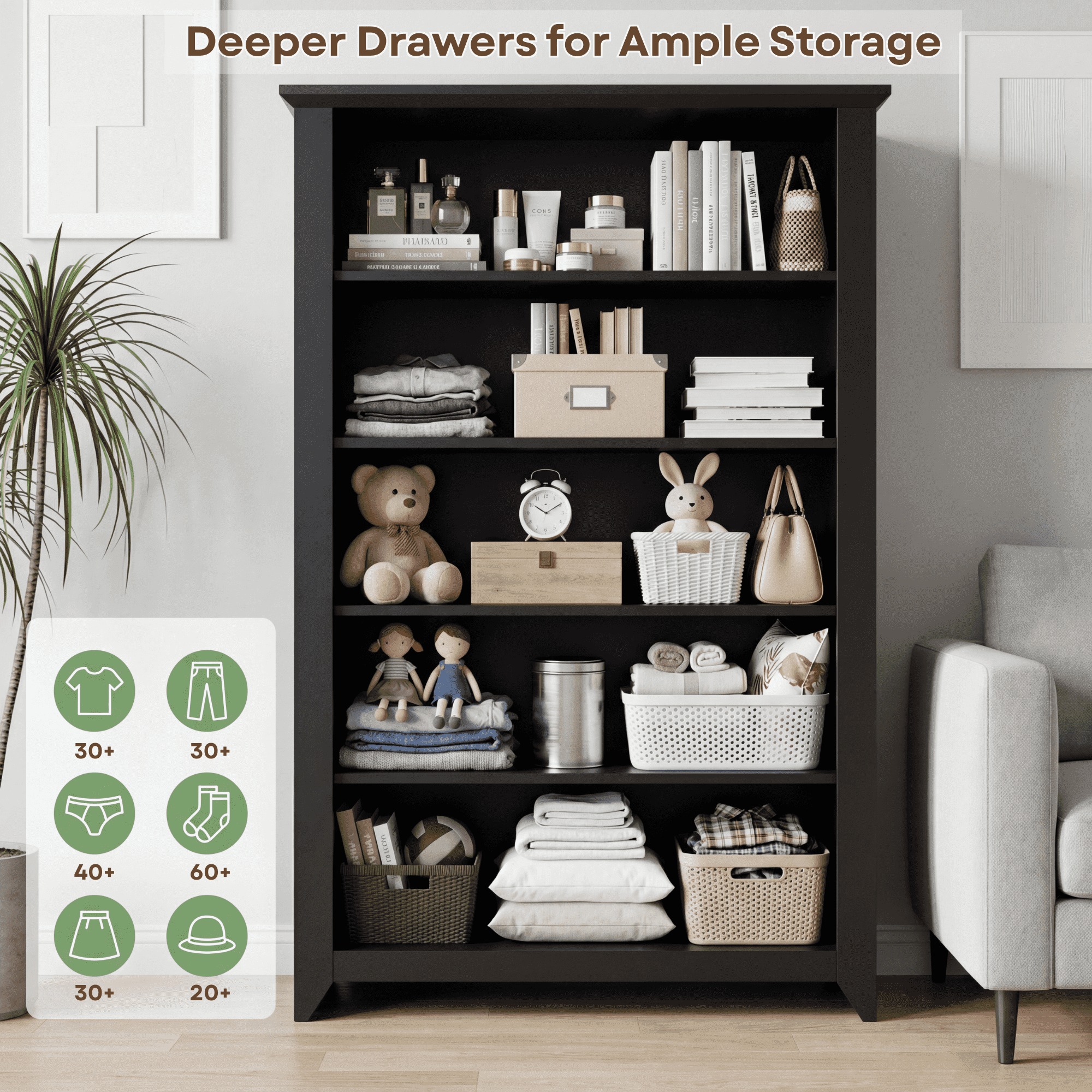 TrumanPick Black Dresser for Bedroom Chest of Drawers 5 Drawer Dresser 47" Tall Wood Dresser for Living Room