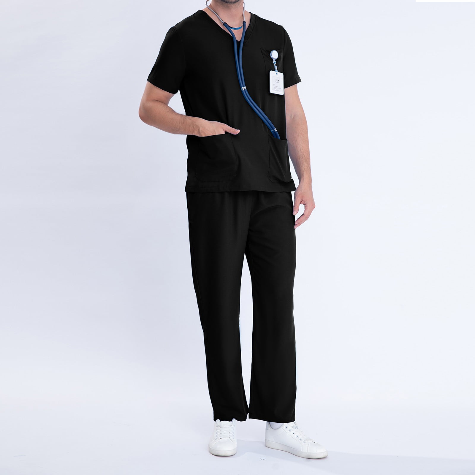 HBYJLZYG Scrubs For Men Set - Stretch V-Neck Scrub Tops & Wide Leg Pants With Pockets - Easy Care Nurses Uniform Clinic Carer Protective 2 Piece Set Black