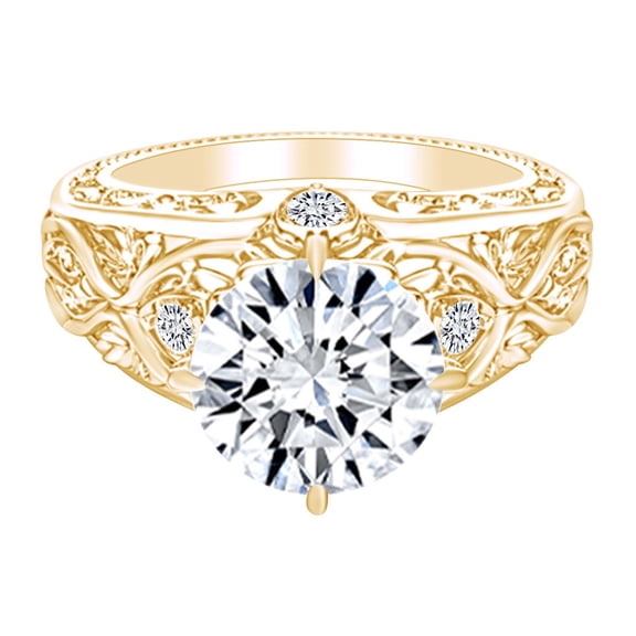 AFFY 2.09 Carat Round Shape Moissanite & Natural Diamond Stylish Engagement Ring 14K Solid Yellow Gold Ring Size-5