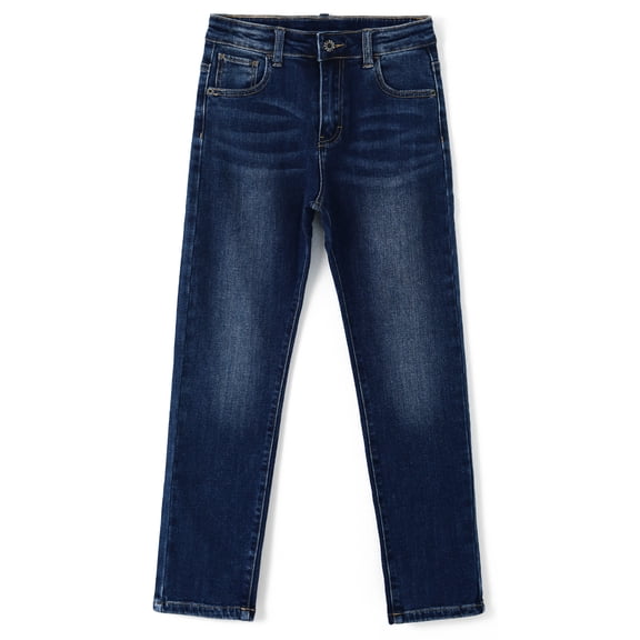 KIDSCOOL SPACE Big Boys Jeans,Elastic Band Inside Simple Desgin Stretchy Denim Pants,Deep Blue,8-9 Years