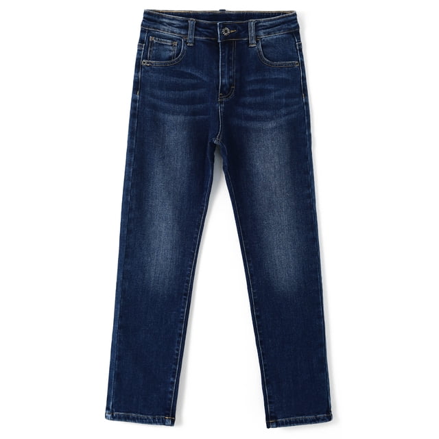 KIDSCOOL SPACE Jeans pour Petits Garçons, Bande Élastique Intérieure Design Simple Pantalon en Denim Extensible, Bleu Foncé, 5-6 Ans
