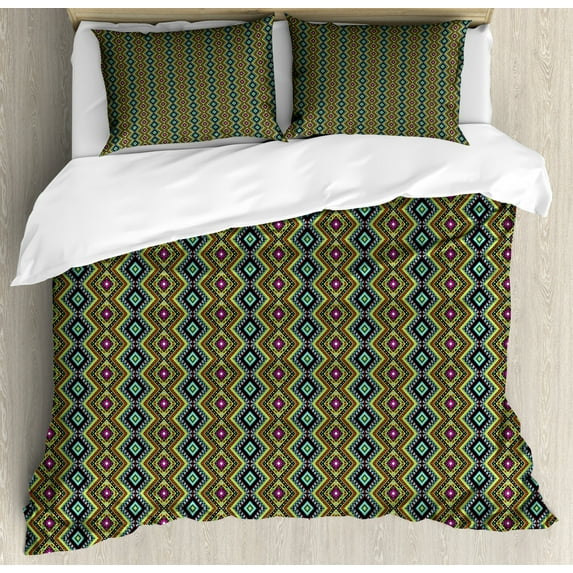 Ethnic Duvet Cover Set Queen Size, Geometric Folklore Ornament in Mexican Aztec Style Vibrant Colors Tribal Borders, Decorative 3 Piece Bedding Set with 2 Pillow Shams, Multicolor, by Ambesonne