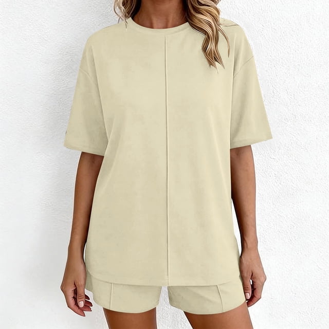 TaTaai Women's Summer Lounge Set Short Sleeve Round Neck T-Shirt and Elastic Waist Shorts Solid Color Matching Two Piece with Pockets for Comfortable Daily Wear Gift