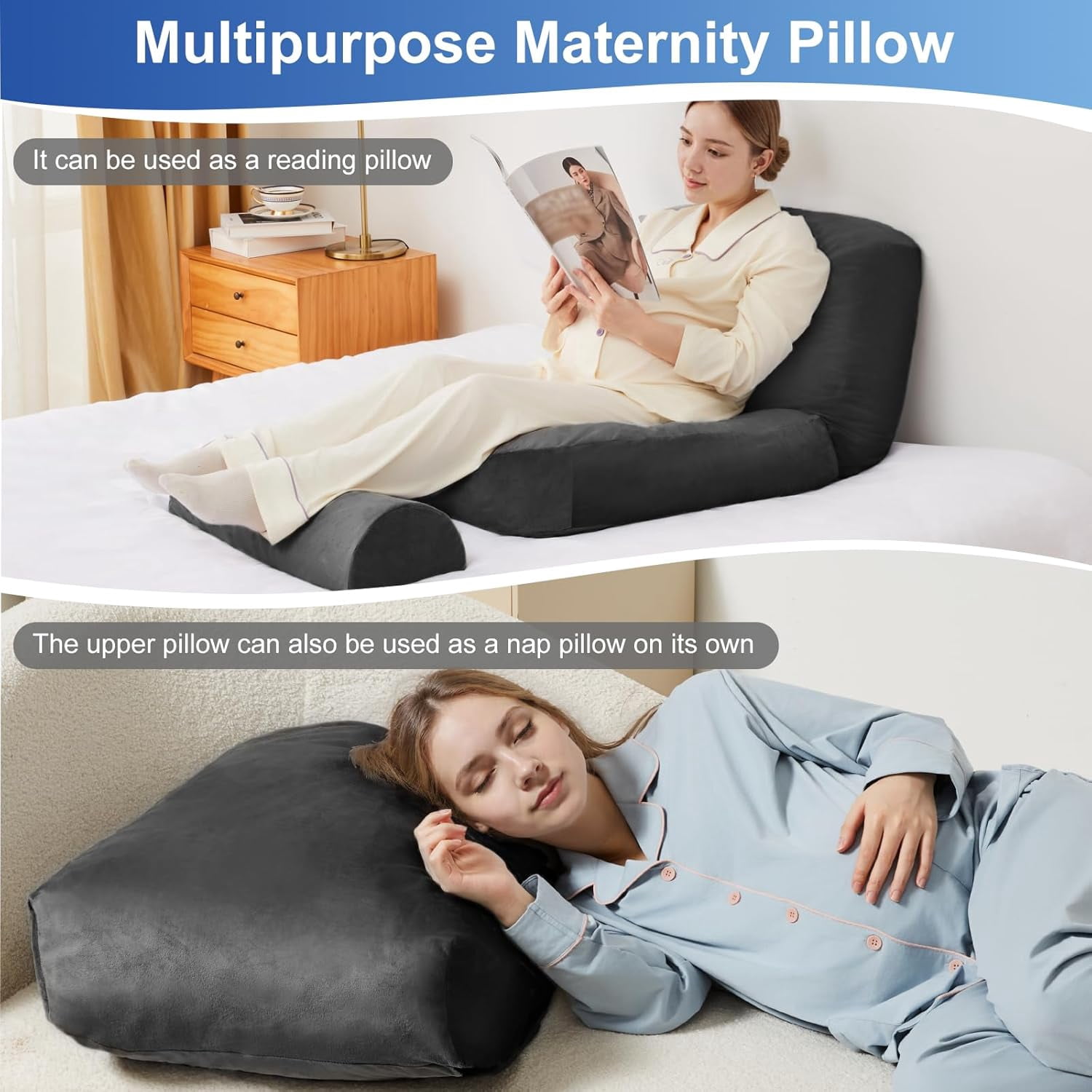 Pregnancy Pillow for Sleeping – 44.5 Inch Full Body Pillow with Leg Pillow & Removable Cover, Supports Back, Legs, Belly, Hips for Pregnant Women (Black)