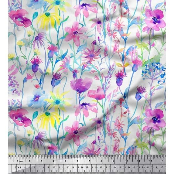 Soimoi Satin Silk Fabric Flower Watercolor Print Fabric by The Yard 42 Inch Wide