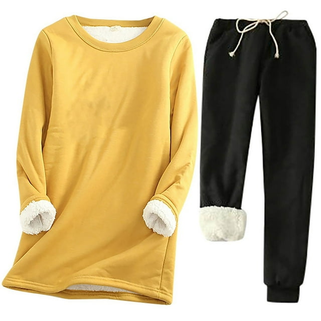 AherBiu Ensembles de Pyjama pour Femmes Grande Taille2 Pcs Automne Hauts Doublés en Molleton Duveteux Pantalons Ensemble de Pyjamas Hiver Chaud Tenue de Détente