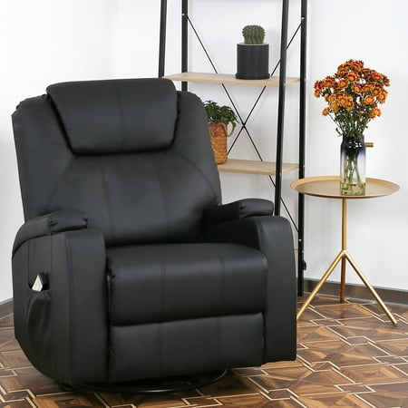 Recliner Chair Massage Reclining Sofa PU Leather Electric Massage Chair With 360 Degree Swivel Remote Control 6 Point Vibration Modes, 2 Cup