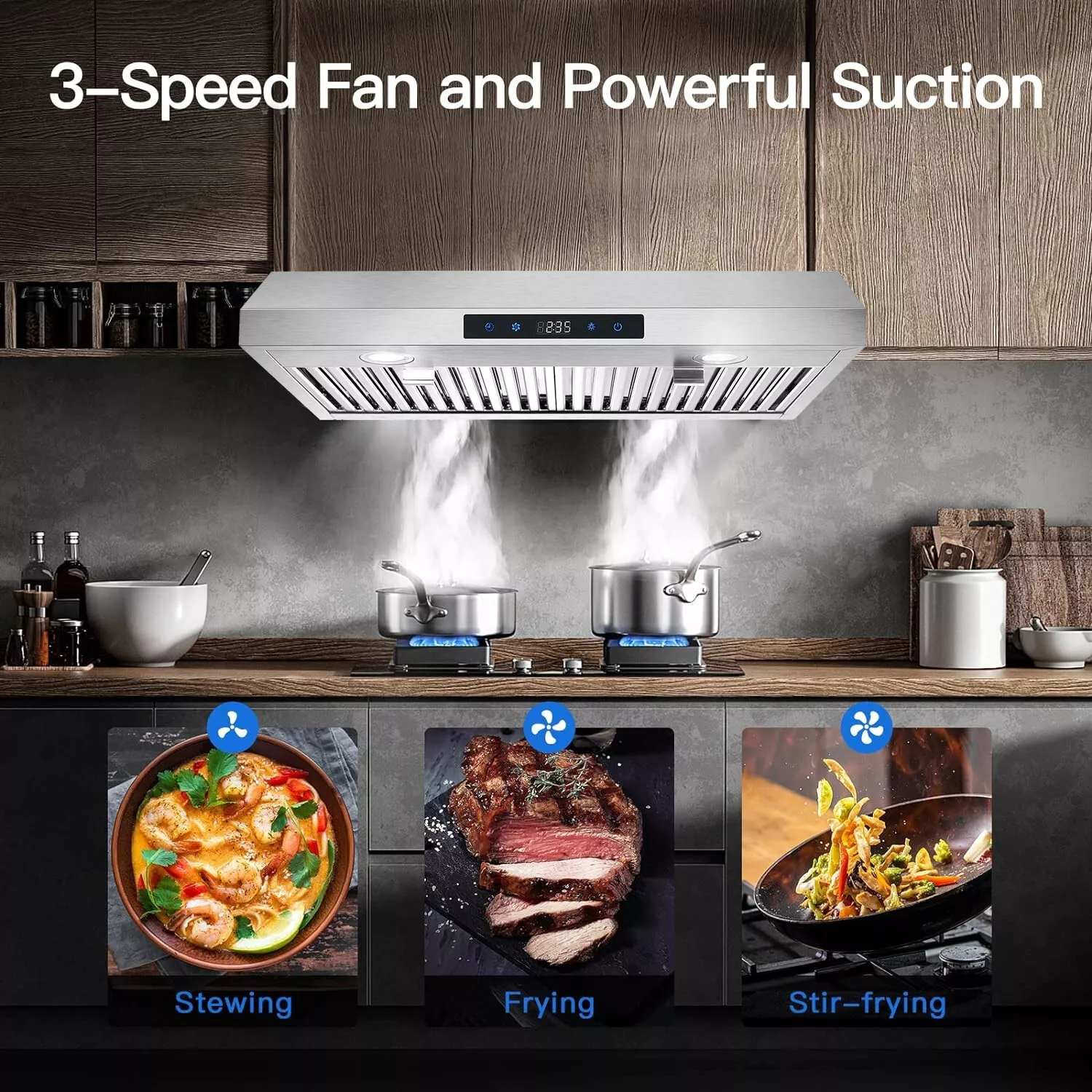 Under Cabinet Range Hood 30 inch Stainless Steel Kitchen Hood 600 CFM Stove Filter Touch Control LED Lights Ductless Range Hoods with Touch Control,3-Venting Kitchen hood,Stainless Steel Vent Hood,