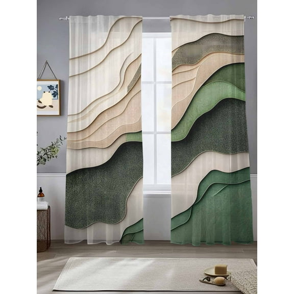 Abstract Wave Texture Sheer Curtains 108 Inches Long 2 Panels Vintage Beige Green Bump Light Filtering Semi Sheer Window Curtains Drapes for Bedroom Living Room 52"x108"