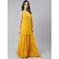 thumbnail image 5 of Janasya Indian Women's Mustard Georgette Solid Kurta with Kali Palazzo and Dupatta, 5 of 10