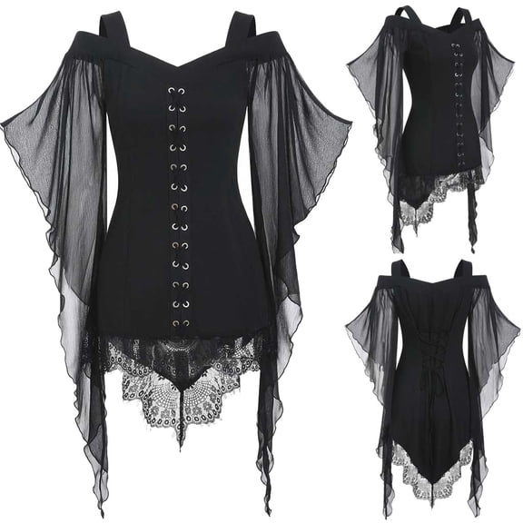 DHFJKG Womens Off The Shoulder T Shirt Gothic Clothes Lace Trim Mesh Layered Halloween Tops