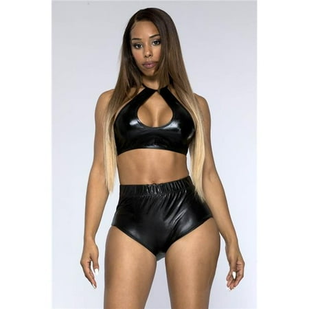 Sky Hosiery 55017-BLACK-L Womens Faux Liquid Leather Halter Key Lingerie Sets  Black - Large