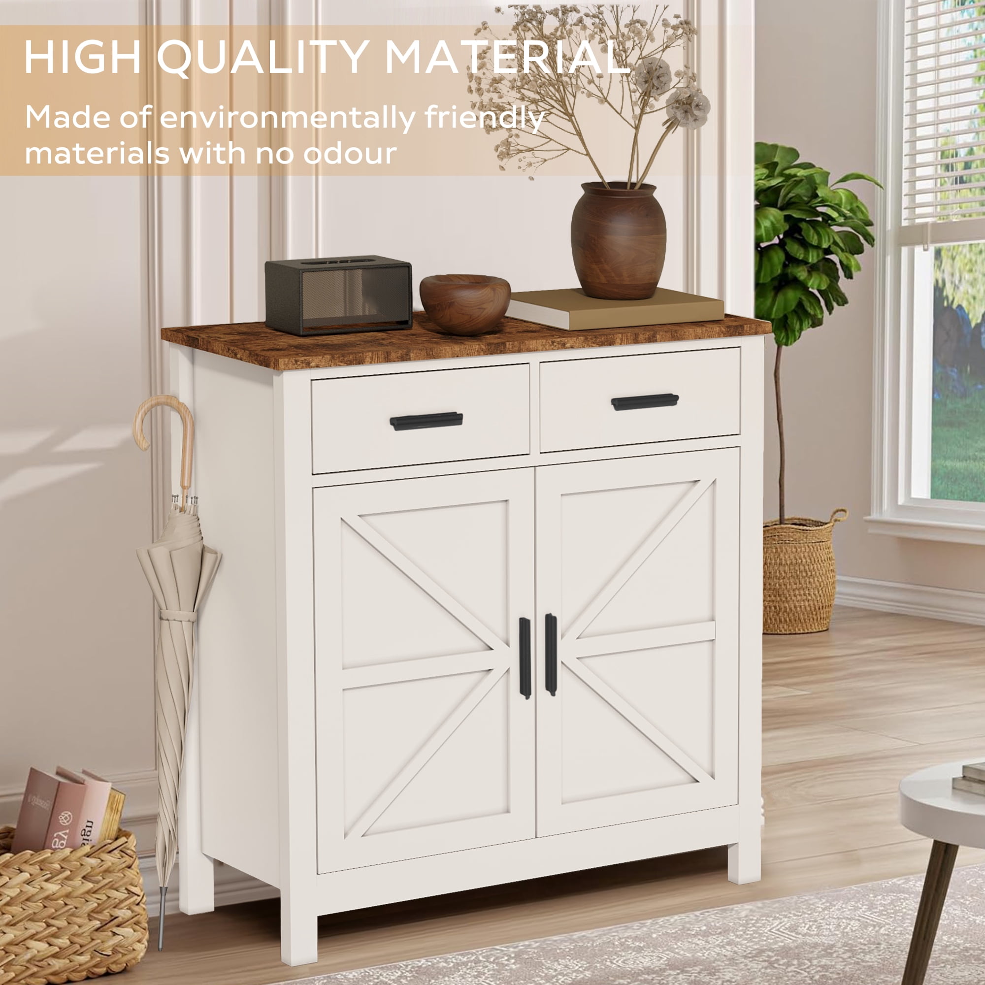 Kitchen Storage Cabinet, Modern Farmhouse Buffet Cabinet with Storage, Coffee Bar with 2 Drawers and 2 Doors, Floor Sideboard Buffet for Living Room, Dining Room, Bathroom (White)