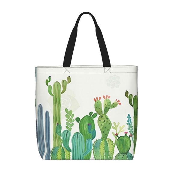 Honeii Cartoon Cactus Print Tote Bag, Reusable Grocery Shopping Bag,Shoulder Bag with Inner Pocket