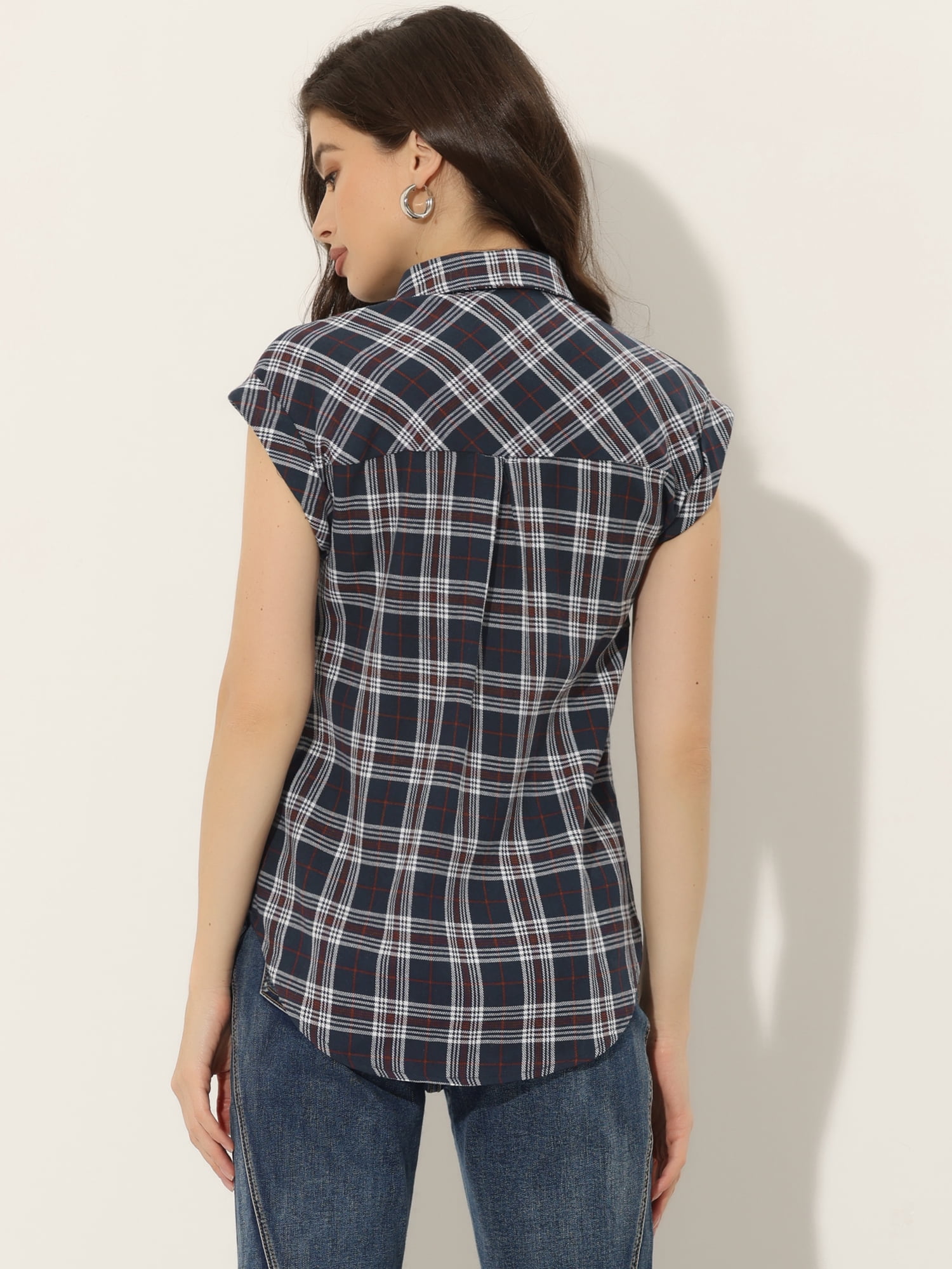 DARING DIVA Women's Summer Plaid Short Sleeves Button Down Shirts XS Navy Blue
