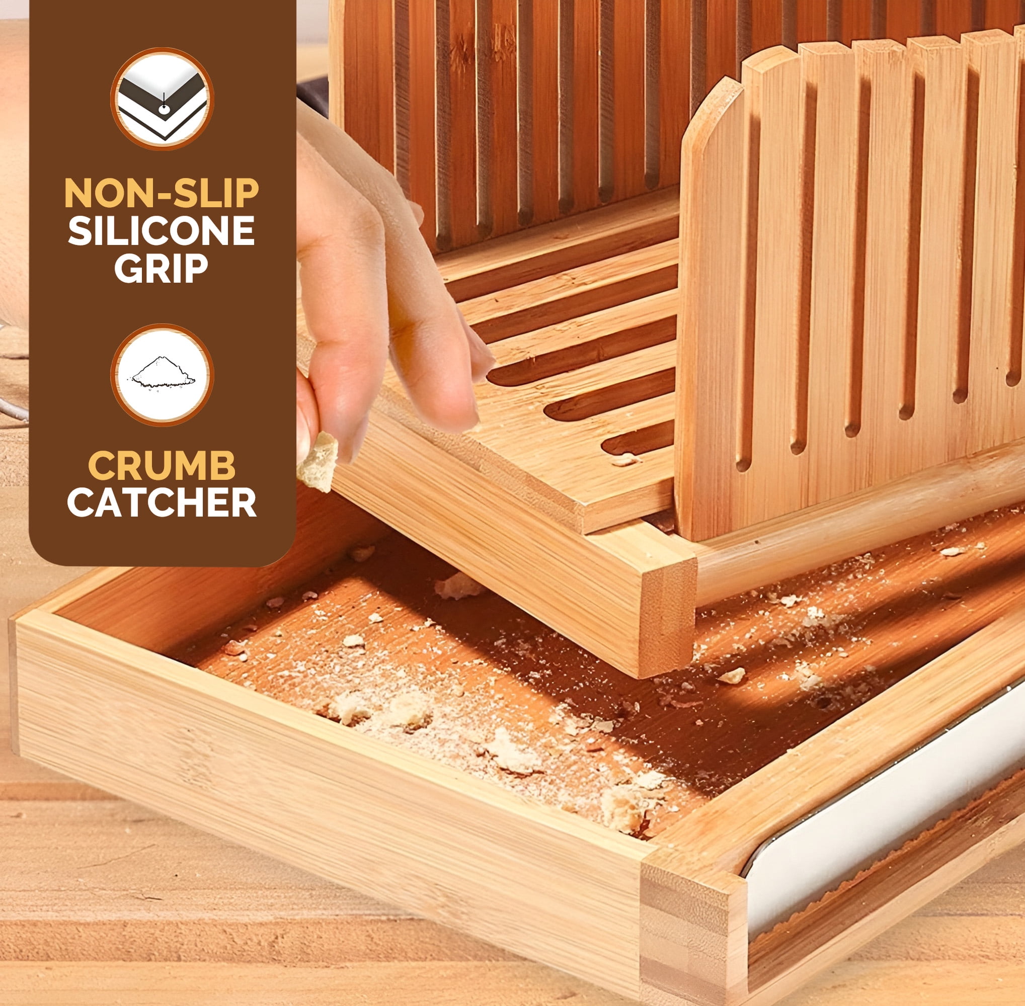 Bread Slicer with Knife, Foldable Bamboo Cutting Guide with Crumb Tray, 3 Thickness