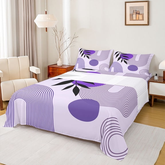 jejeloiu Soft Abstract Queen Sheets For Men Women,Pastel Print Queen Sheet Sets,Purple White,4pcs,1 Flat Sheet, 1 Fitted Sheet and 2 Pillowcases