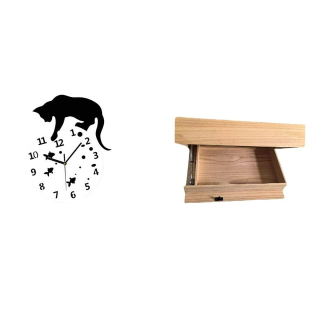Reloj de pared con diseño de gato, estante flotante, organizador rústico, moderno, de vidrio y madera, con cajón abatible, adecuado para el hogar, la