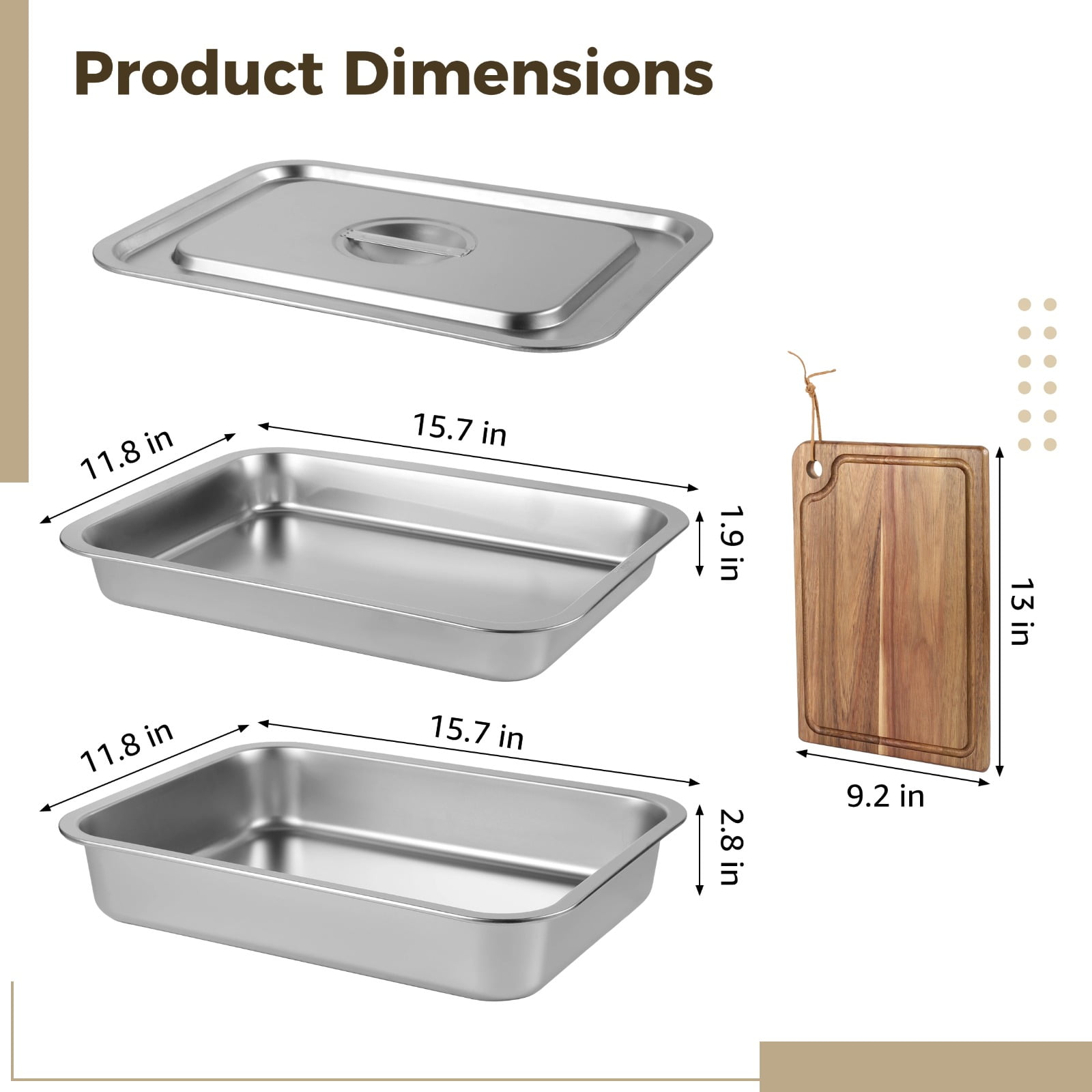 3 Pcs Grilling Prep And Serve Tray Set, Includes a Stainless Steel Marinade Container with Lid, a Rectangular Food Prep Tray, and a Acacia Cutting Board, Perfect BBQ Grill Accessories