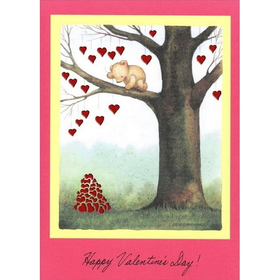 Recycled Paper Greetings Bear Hanging Hearts From Tree Mary C Melcher Cute Valentine's Day Card